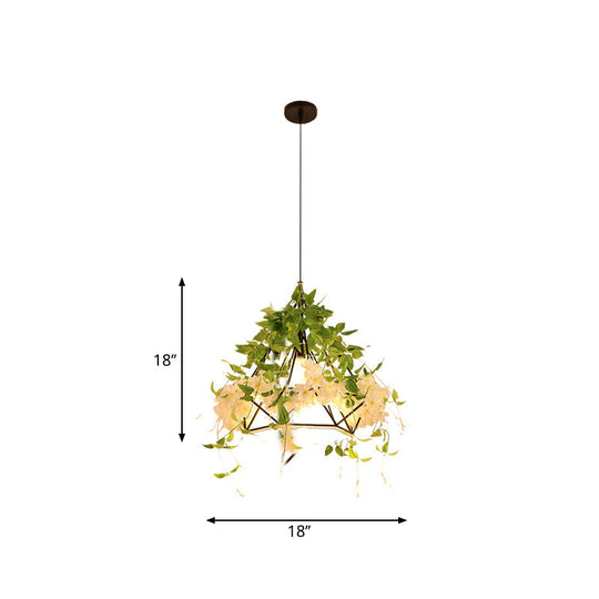 1-Light Diamond Cage Pendant Hanging Light Fixture - White/Red with Artificial Floral Deco for Warehouse Ambiance