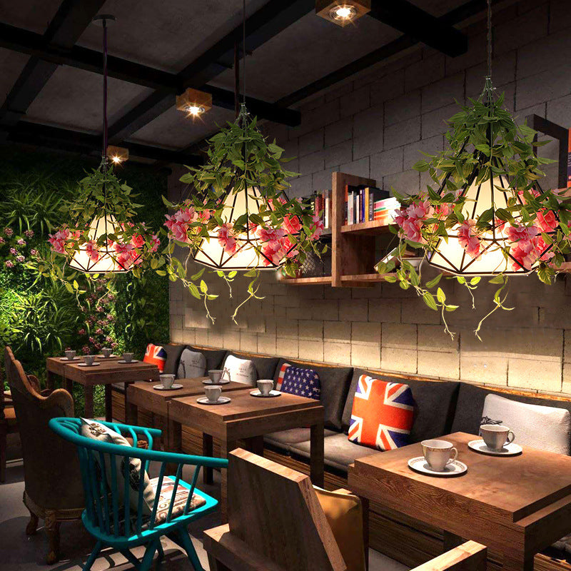 1-Light Diamond Cage Pendant Hanging Light Fixture - White/Red with Artificial Floral Deco for Warehouse Ambiance