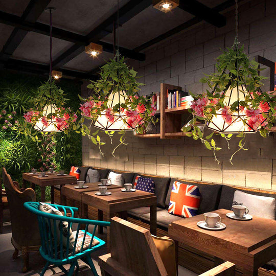 1-Light Diamond Cage Pendant Hanging Light Fixture - White/Red with Artificial Floral Deco for Warehouse Ambiance