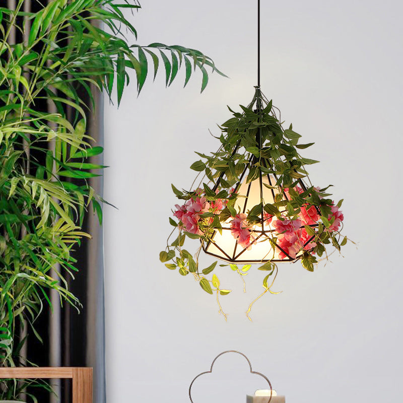 1-Light Diamond Cage Pendant Hanging Light Fixture - White/Red with Artificial Floral Deco for Warehouse Ambiance