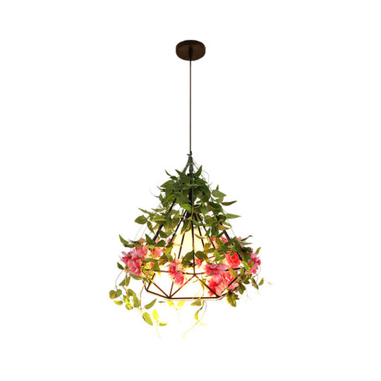 1-Light Diamond Cage Pendant Hanging Light Fixture - White/Red with Artificial Floral Deco for Warehouse Ambiance