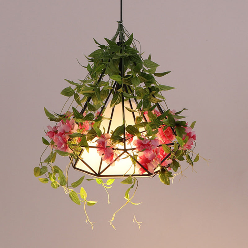 1-Light Diamond Cage Pendant Hanging Light Fixture - White/Red with Artificial Floral Deco for Warehouse Ambiance