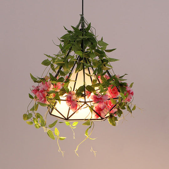 1-Light Diamond Cage Pendant Hanging Light Fixture - White/Red with Artificial Floral Deco for Warehouse Ambiance