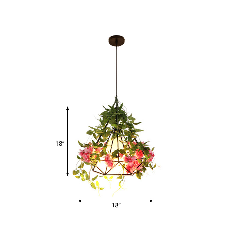 1-Light Diamond Cage Pendant Hanging Light Fixture - White/Red with Artificial Floral Deco for Warehouse Ambiance