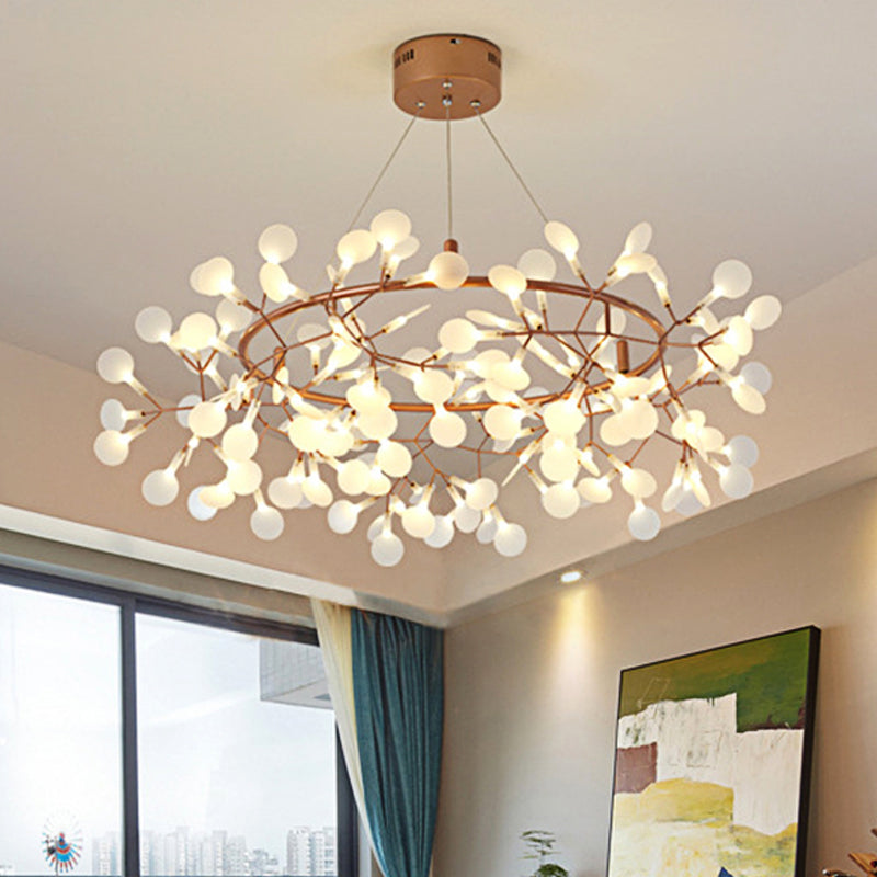 Modern Branch Chandelier with Leaf Deco, Acrylic & Metal, Gold Finish - 81/108-Light Hanging Lamp