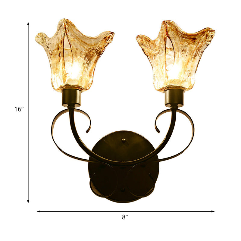 Black Amber Glass Sconce Light: Floral 2 Bulbs, Traditional Wall Lighting with Metal Curved Arm