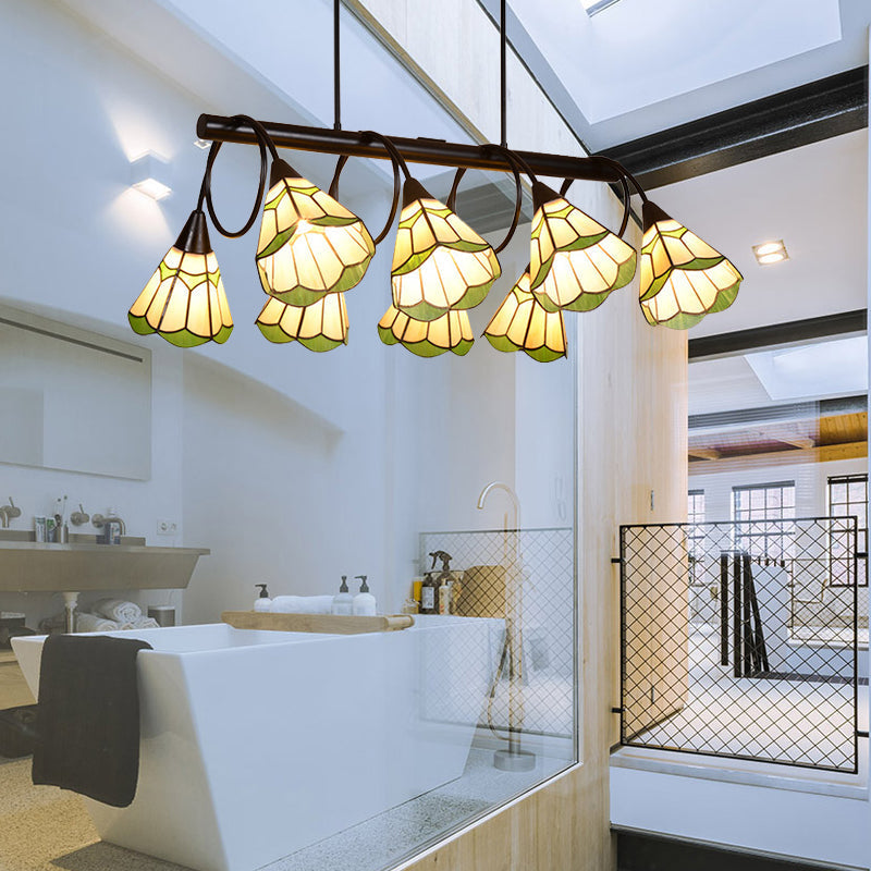 Tiffany Style Beige Conical Island Lighting Fixture - 8-Light Stainless Glass Hanging Lamp for Dining Room