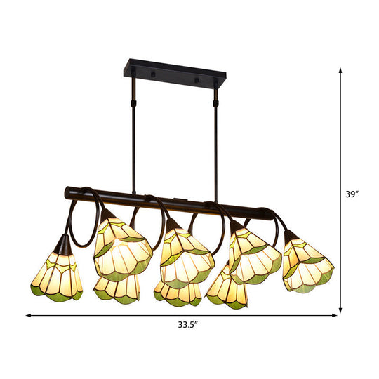 Tiffany Style Beige Conical Island Lighting Fixture - 8-Light Stainless Glass Hanging Lamp for Dining Room