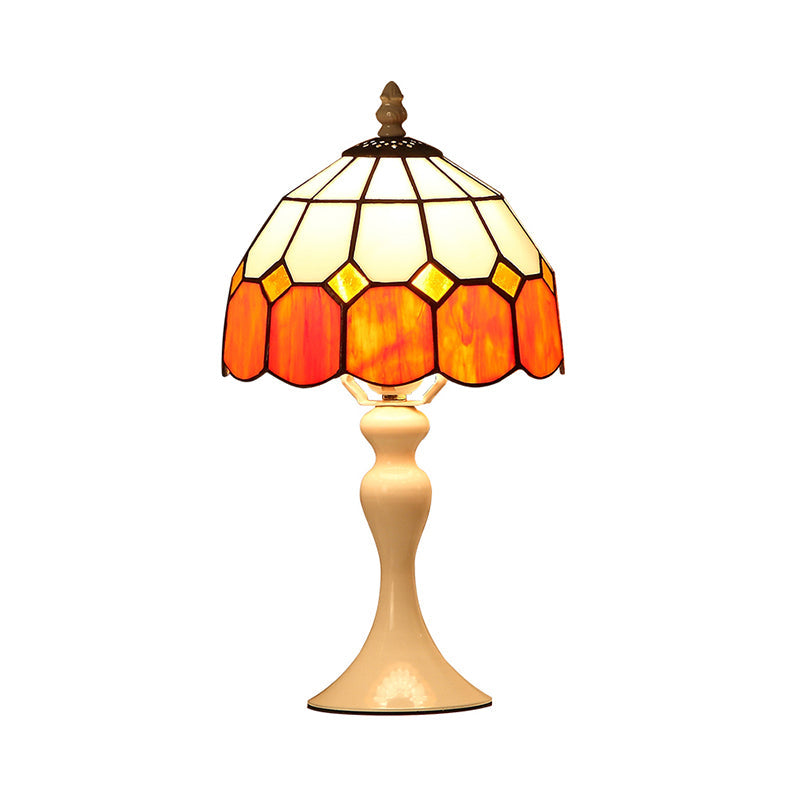 Antique Tiffany Style Orange Desk Lamp for Bedroom - Cafe Grid Domed Desk Light, Art Glass Design