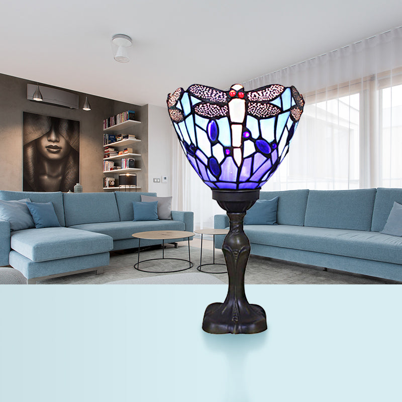 Tiffany Stained Glass Blue Torch Table Lamp - Gem/Dragonfly Pattern for Cafe & Living Room