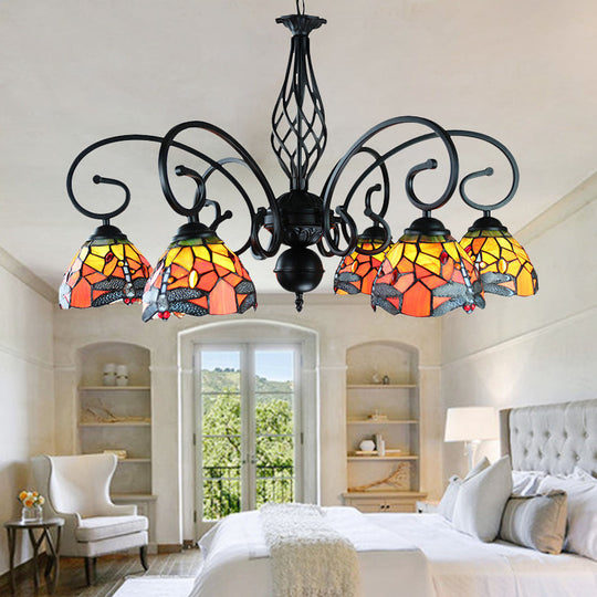 Tiffany Dragonfly Ceiling Chandelier with Curved Arm - Stained Glass Indoor Lighting (6/8 Heads)