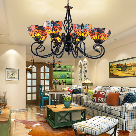 Tiffany Dragonfly Ceiling Chandelier with Curved Arm - Stained Glass Indoor Lighting (6/8 Heads)