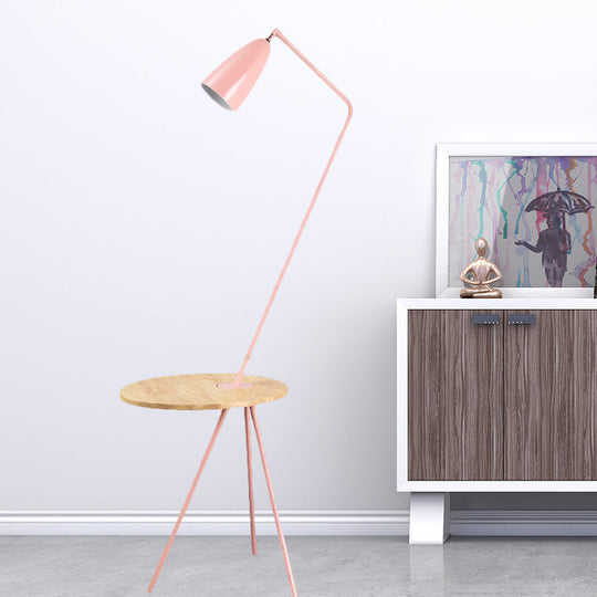 Modern Metal Floor Reading Light: Simple 1-Bulb Tripod Floor Lamp with Shelf for Living Room - Black/Pink/Yellow