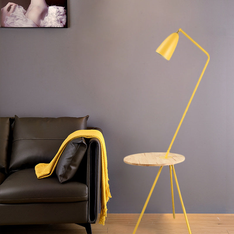 Modern Metal Floor Reading Light: Simple 1-Bulb Tripod Floor Lamp with Shelf for Living Room - Black/Pink/Yellow