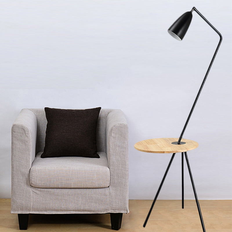 Modern Metal Floor Reading Light: Simple 1-Bulb Tripod Floor Lamp with Shelf for Living Room - Black/Pink/Yellow