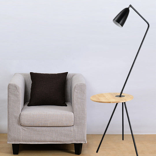 Modern Metal Floor Reading Light: Simple 1-Bulb Tripod Floor Lamp with Shelf for Living Room - Black/Pink/Yellow