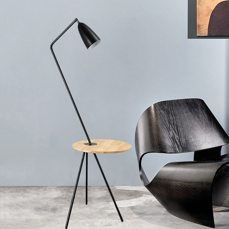 Modern Metal Floor Reading Light: Simple 1-Bulb Tripod Floor Lamp with Shelf for Living Room - Black/Pink/Yellow