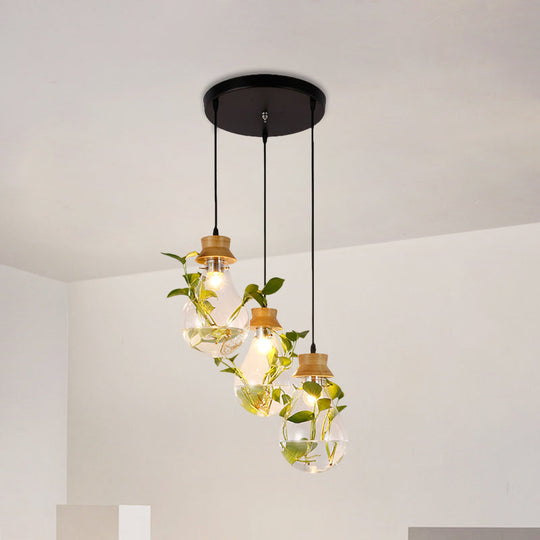 12"/19.5" W Clear Glass Farmhouse Pendant Light Kit in Black, 3-Head Cluster Design, Bulb Shaped, Linear/Round Canopy