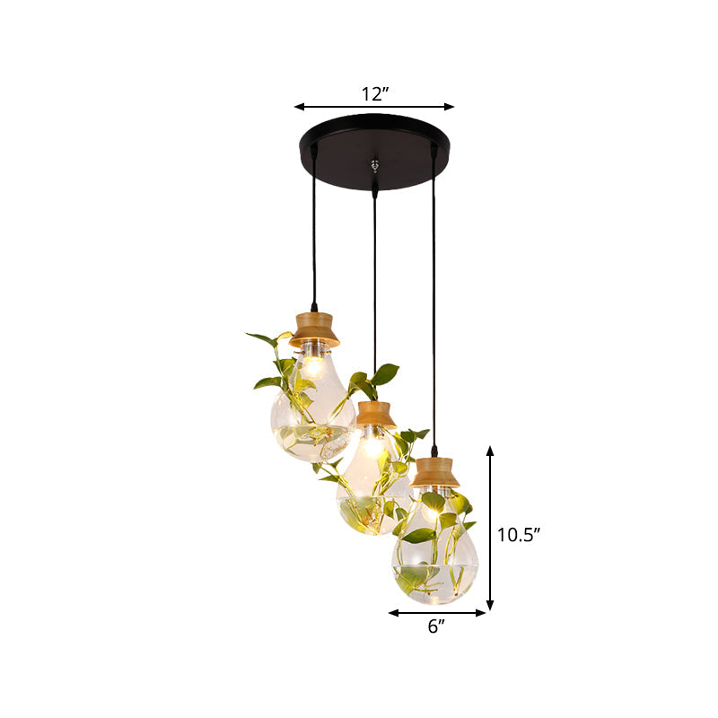 12"/19.5" W Clear Glass Farmhouse Pendant Light Kit in Black, 3-Head Cluster Design, Bulb Shaped, Linear/Round Canopy