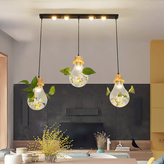 12"/19.5" W Clear Glass Farmhouse Pendant Light Kit in Black, 3-Head Cluster Design, Bulb Shaped, Linear/Round Canopy