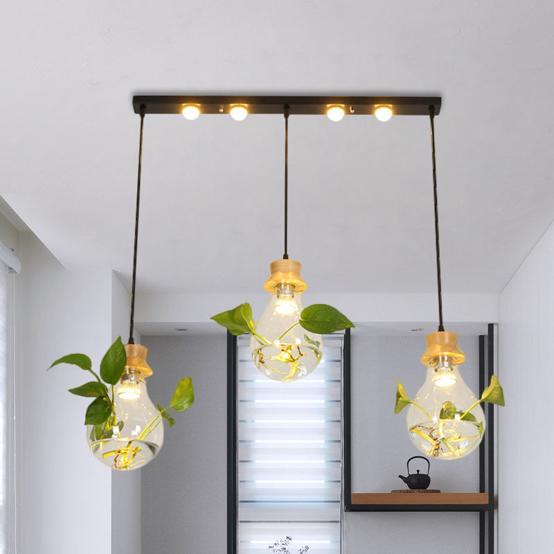 12"/19.5" W Clear Glass Farmhouse Pendant Light Kit in Black, 3-Head Cluster Design, Bulb Shaped, Linear/Round Canopy