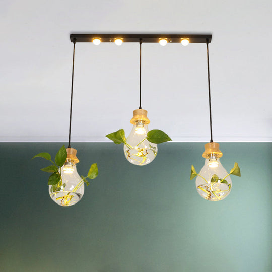 12"/19.5" W Clear Glass Farmhouse Pendant Light Kit in Black, 3-Head Cluster Design, Bulb Shaped, Linear/Round Canopy