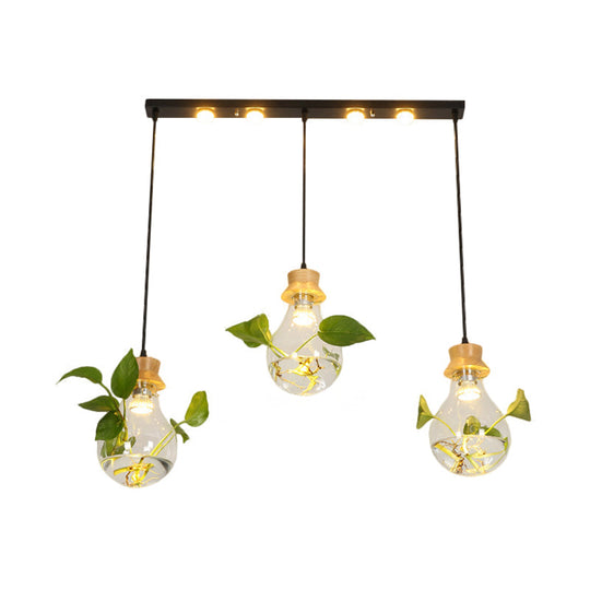 12"/19.5" W Clear Glass Farmhouse Pendant Light Kit in Black, 3-Head Cluster Design, Bulb Shaped, Linear/Round Canopy