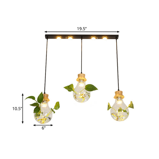 12"/19.5" W Clear Glass Farmhouse Pendant Light Kit in Black, 3-Head Cluster Design, Bulb Shaped, Linear/Round Canopy