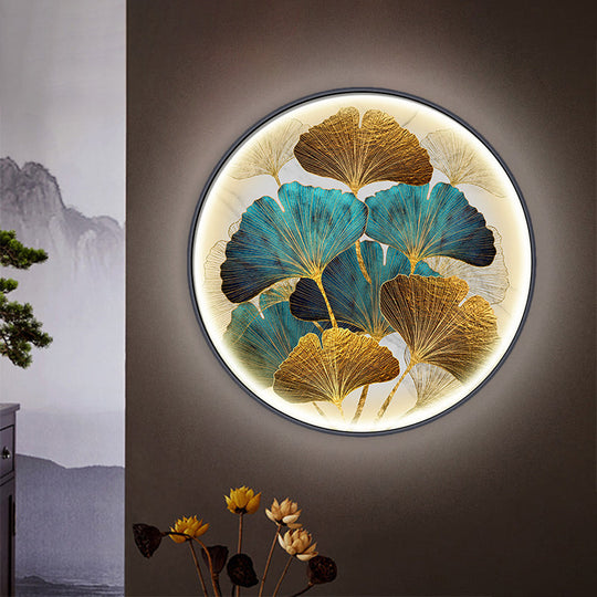 Ginkgo Leaf LED Wall Sconce in Asian Style Metal for Tearoom Decor - Green/Yellow-Green
