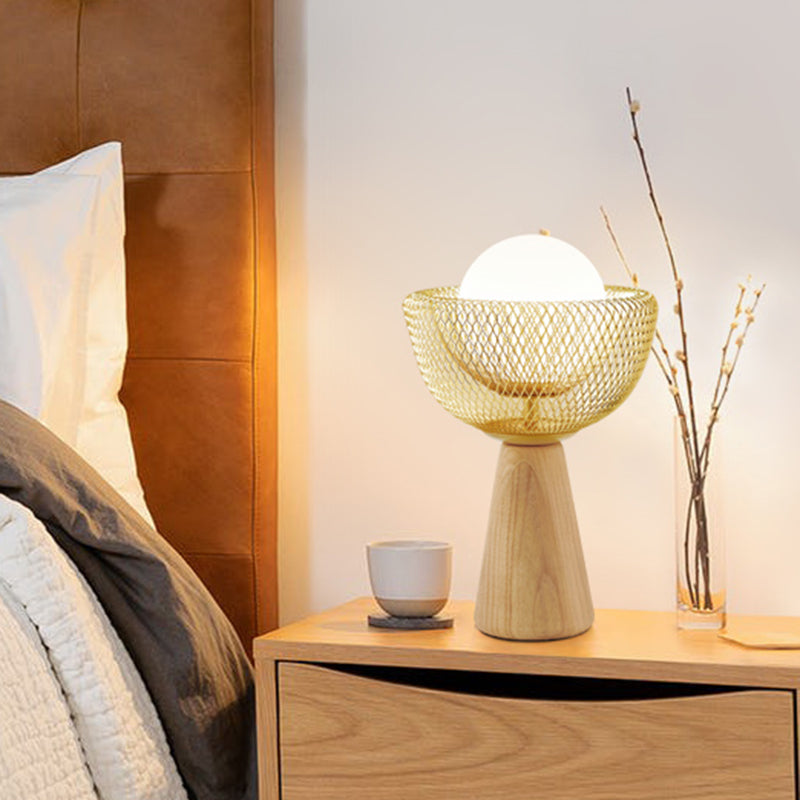 Modern Metal Bedside Lamp with Opal Glass Shade - Beige