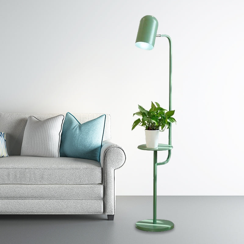 Metal Floor Light Warehouse: Bell Shaped Living Room Reading Lamp with Wood Shelf Deco - Pink/Yellow/Green Bulb