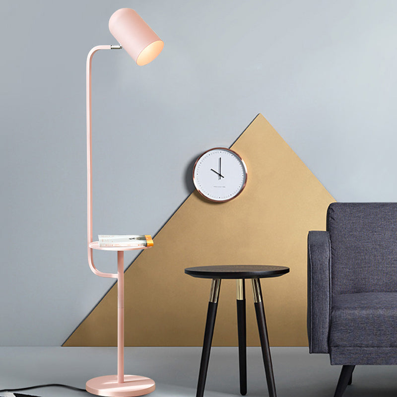 Metal Floor Light Warehouse: Bell Shaped Living Room Reading Lamp with Wood Shelf Deco - Pink/Yellow/Green Bulb