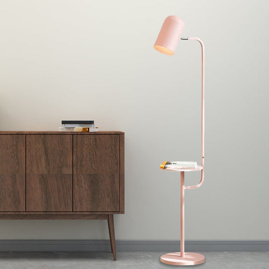 Metal Floor Light Warehouse: Bell Shaped Living Room Reading Lamp with Wood Shelf Deco - Pink/Yellow/Green Bulb