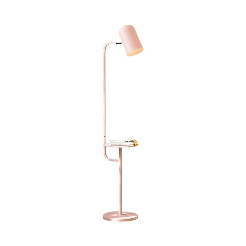 Metal Floor Light Warehouse: Bell Shaped Living Room Reading Lamp with Wood Shelf Deco - Pink/Yellow/Green Bulb