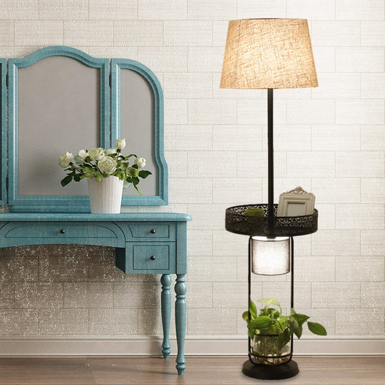 Industrial Flaxen Drum Floor Lamp with Planter Deco -1 Head Living Room Reading Light