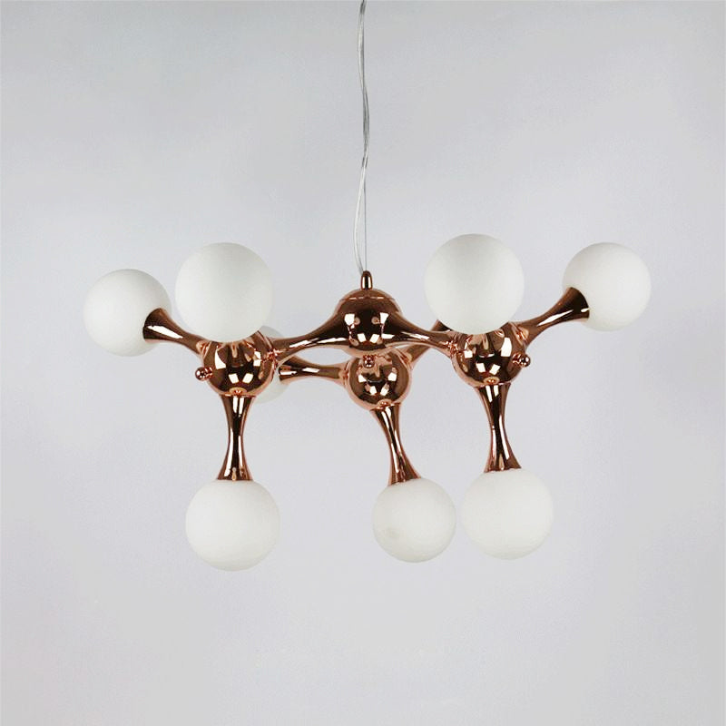 Contemporary Metal Chandelier with 9/15 Lights: Starburst Style, Rose Gold Finish, White Glass Bubble Shade