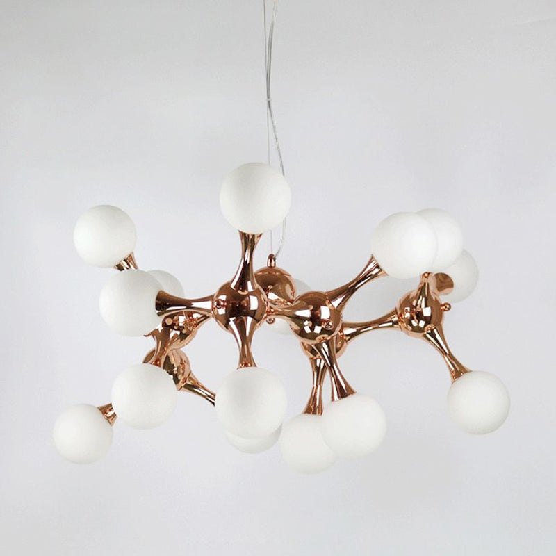 Contemporary Metal Chandelier with 9/15 Lights: Starburst Style, Rose Gold Finish, White Glass Bubble Shade