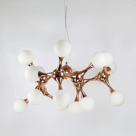 Contemporary Metal Chandelier with 9/15 Lights: Starburst Style, Rose Gold Finish, White Glass Bubble Shade