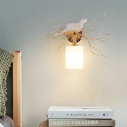 1-Head White Glass Wall Lamp for Bedroom - Loft Cylinder Lighting with Bird Accent