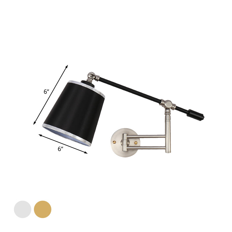 Metal Rotatable Arm Wall Sconce Light Fixture with Black Barrel Shade - Gold/Silver Finish, Bedroom Wall Mounted Lamp