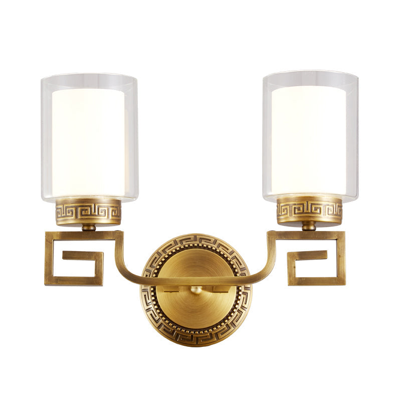 Colonialist Gold Sconce Lamp with Clear & Opal Glass" - Wall Mounted Light Fixture for 2 Lights