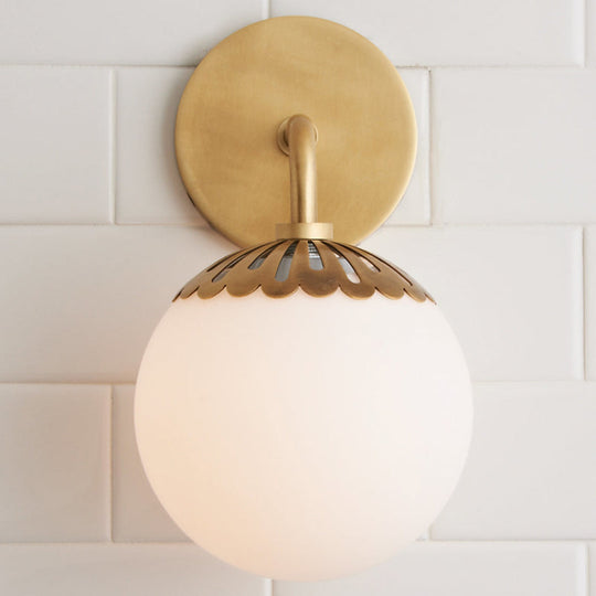 Opal Glass Ball Sconce Lighting: Colonial Wall Mounted Light Fixture in Gold