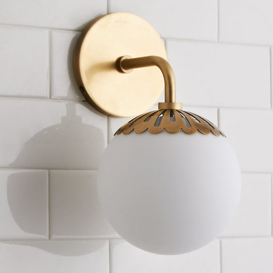 Opal Glass Ball Sconce Lighting: Colonial Wall Mounted Light Fixture in Gold