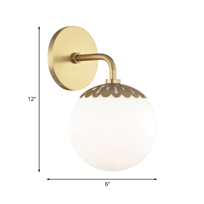 Opal Glass Ball Sconce Lighting: Colonial Wall Mounted Light Fixture in Gold