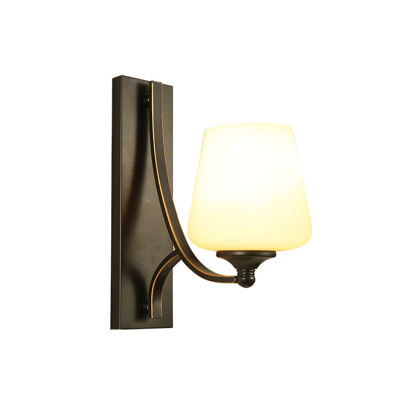 Black Tapered Wall Sconce with Frosted White Glass for Bedroom Lighting