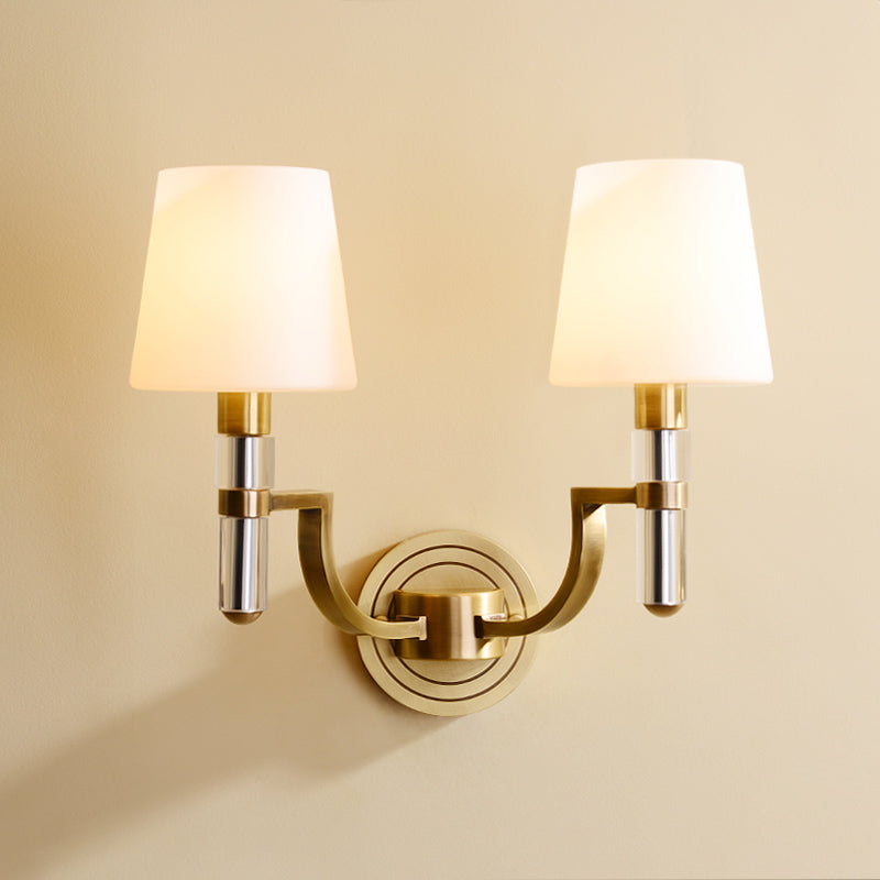 Colonial Gold Tapered Wall Lamp Sconce with Frosted Glass and Crystal Accent - Wall Mounted Light