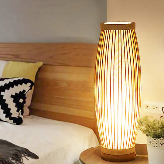 Oblong Bamboo Night Table Lamp - Asian Style Single Bulb - Bedroom Desk Light with Fabric Shade