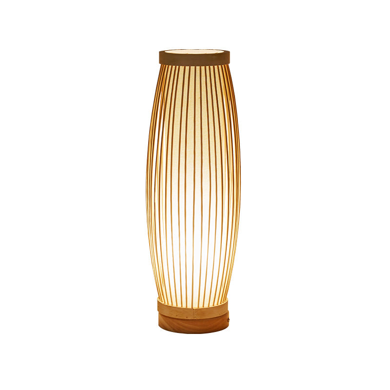 Oblong Bamboo Night Table Lamp - Asian Style Single Bulb - Bedroom Desk Light with Fabric Shade
