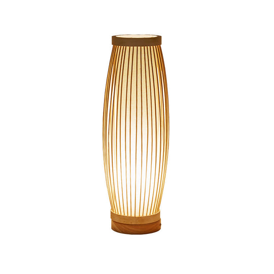 Oblong Bamboo Night Table Lamp - Asian Style Single Bulb - Bedroom Desk Light with Fabric Shade