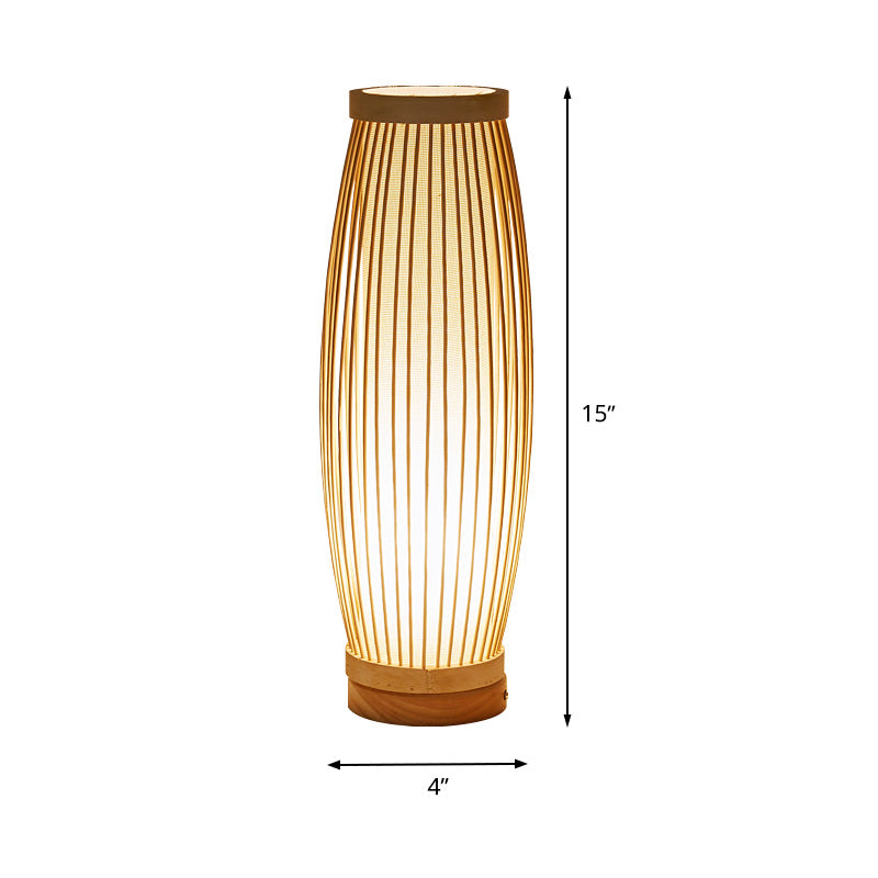 Oblong Bamboo Night Table Lamp - Asian Style Single Bulb - Bedroom Desk Light with Fabric Shade